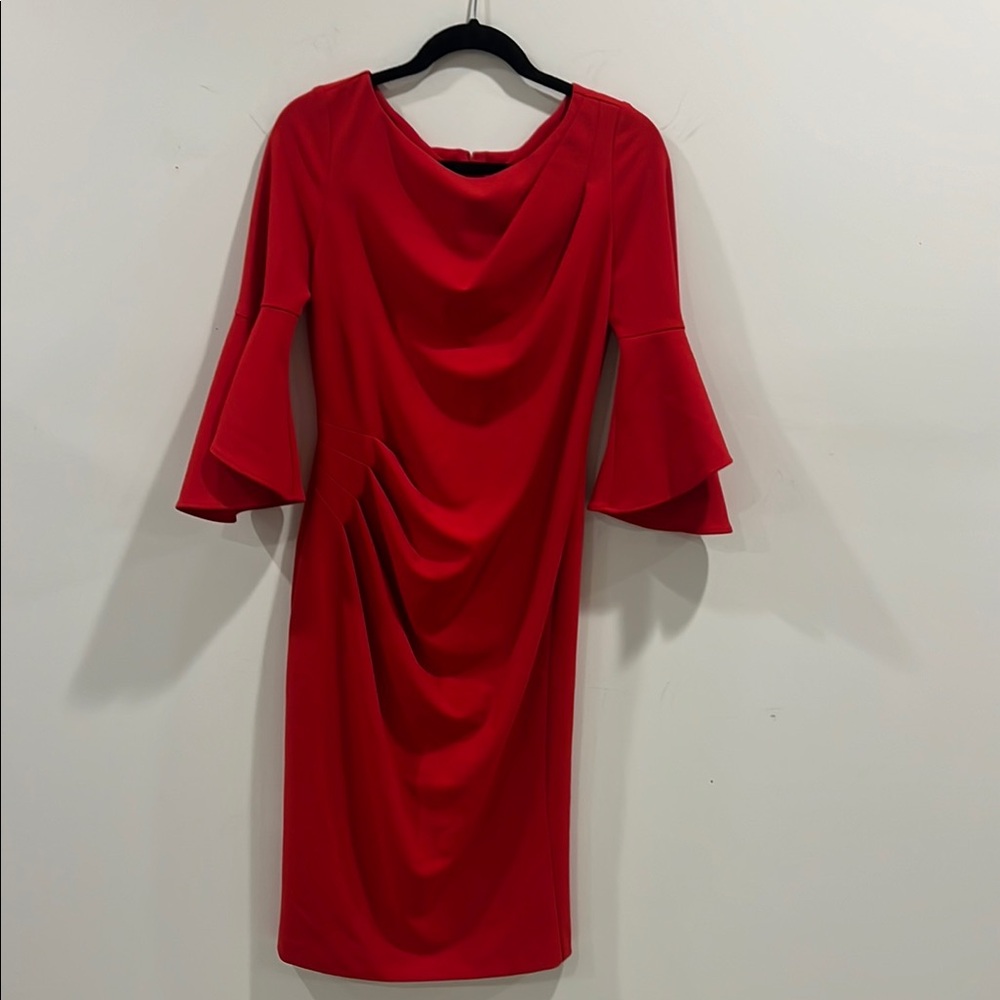 Joseph Ribkoff Red Sheath Dress with Crew Neck and Bell Sleeves